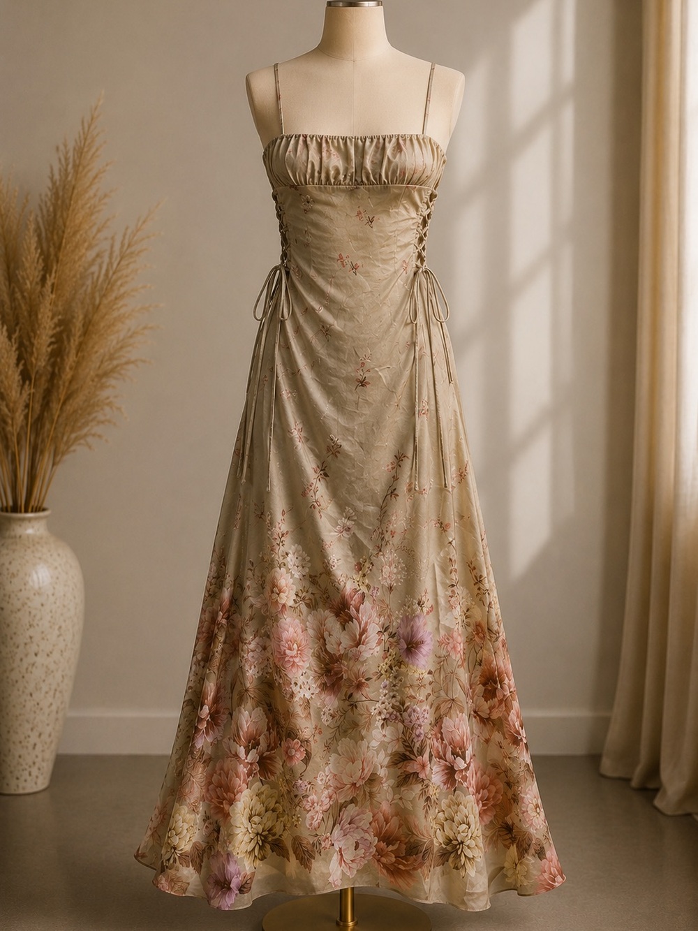 Floral Lace-Up Spaghetti Strap Maxi Dress in Sage